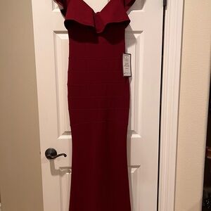 Emerald Sundae Deep Red Ruffled Off-Shoulder Bodycon Dress